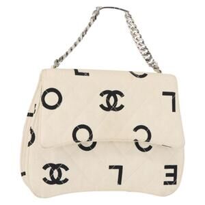 CHANEL Chain Hand Bag Canvas White Silver CC Auth 161286A